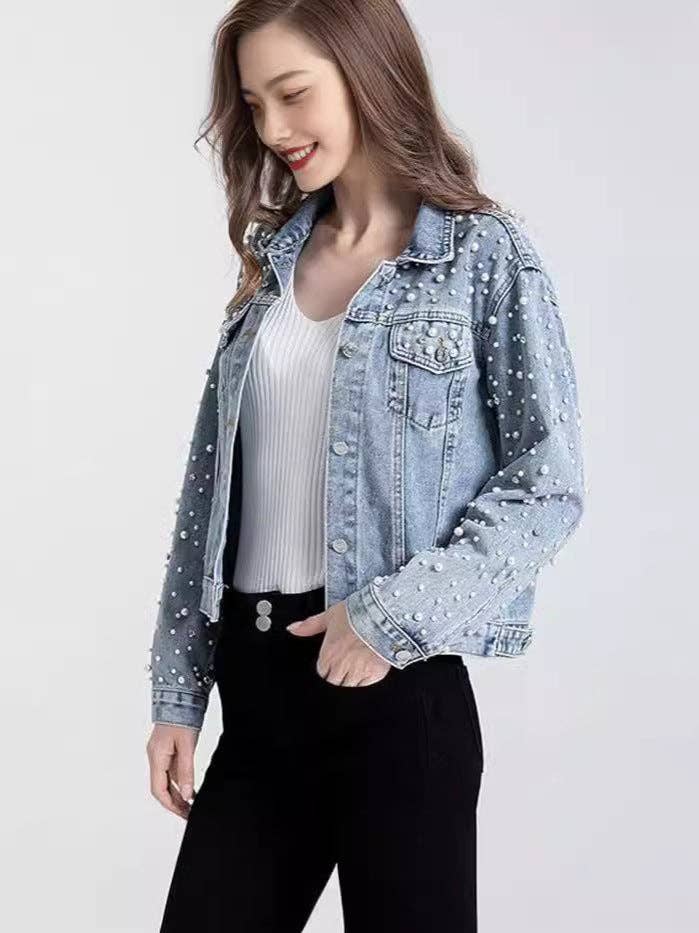 Women Casual Denim Jacket With Pearl Rhinestone Accents: