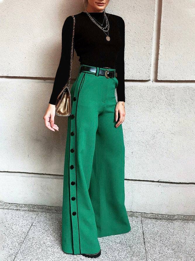 Urban Wide Leg H-Line Solid Color Pants: GREEN / M