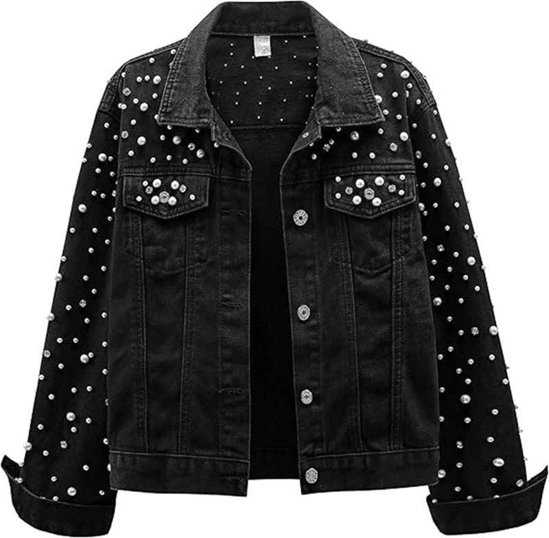 Women Casual Denim Jacket With Pearl Rhinestone Accents: