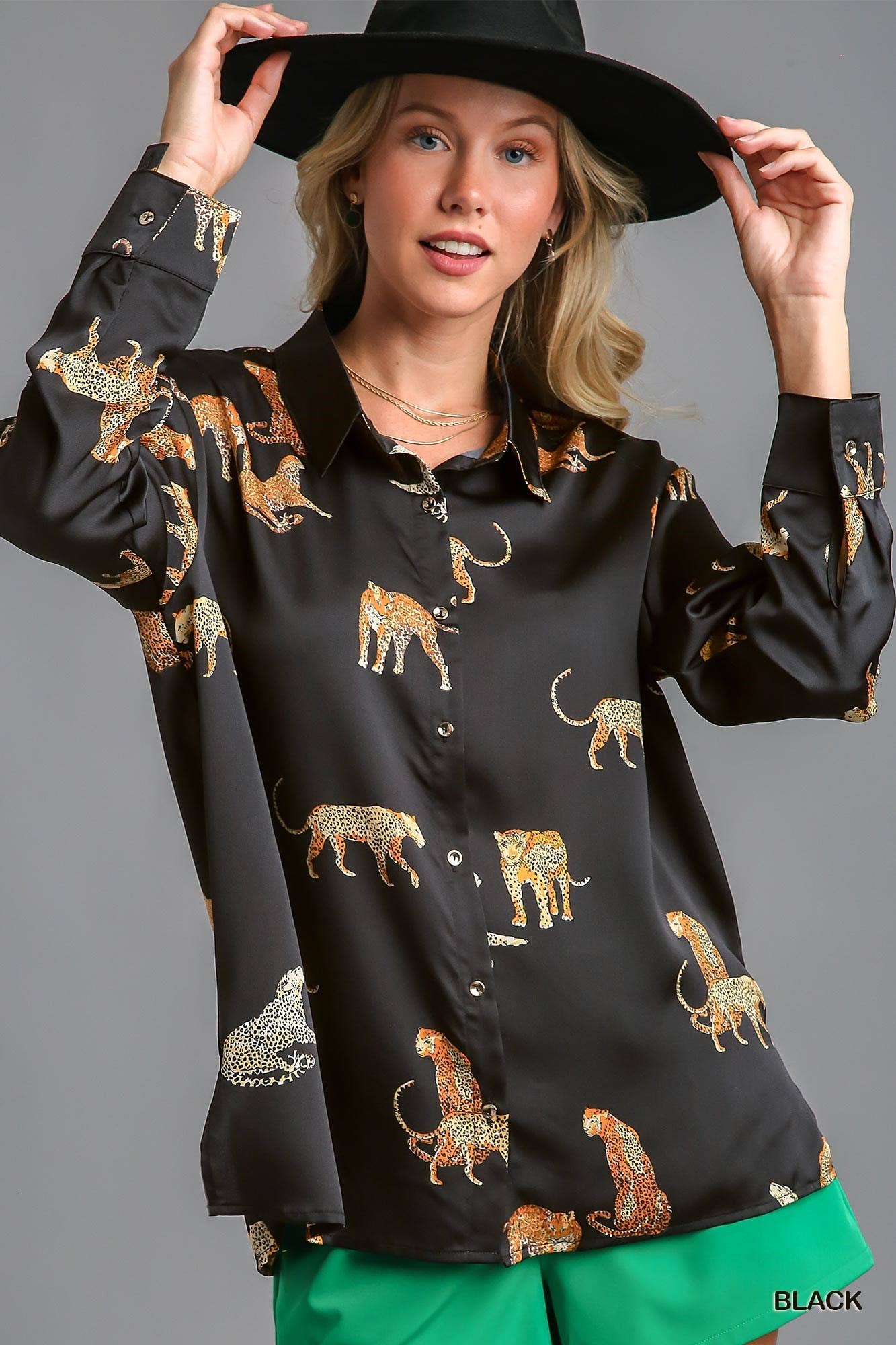 Satin Animal Print Button Down Blouse: Beige