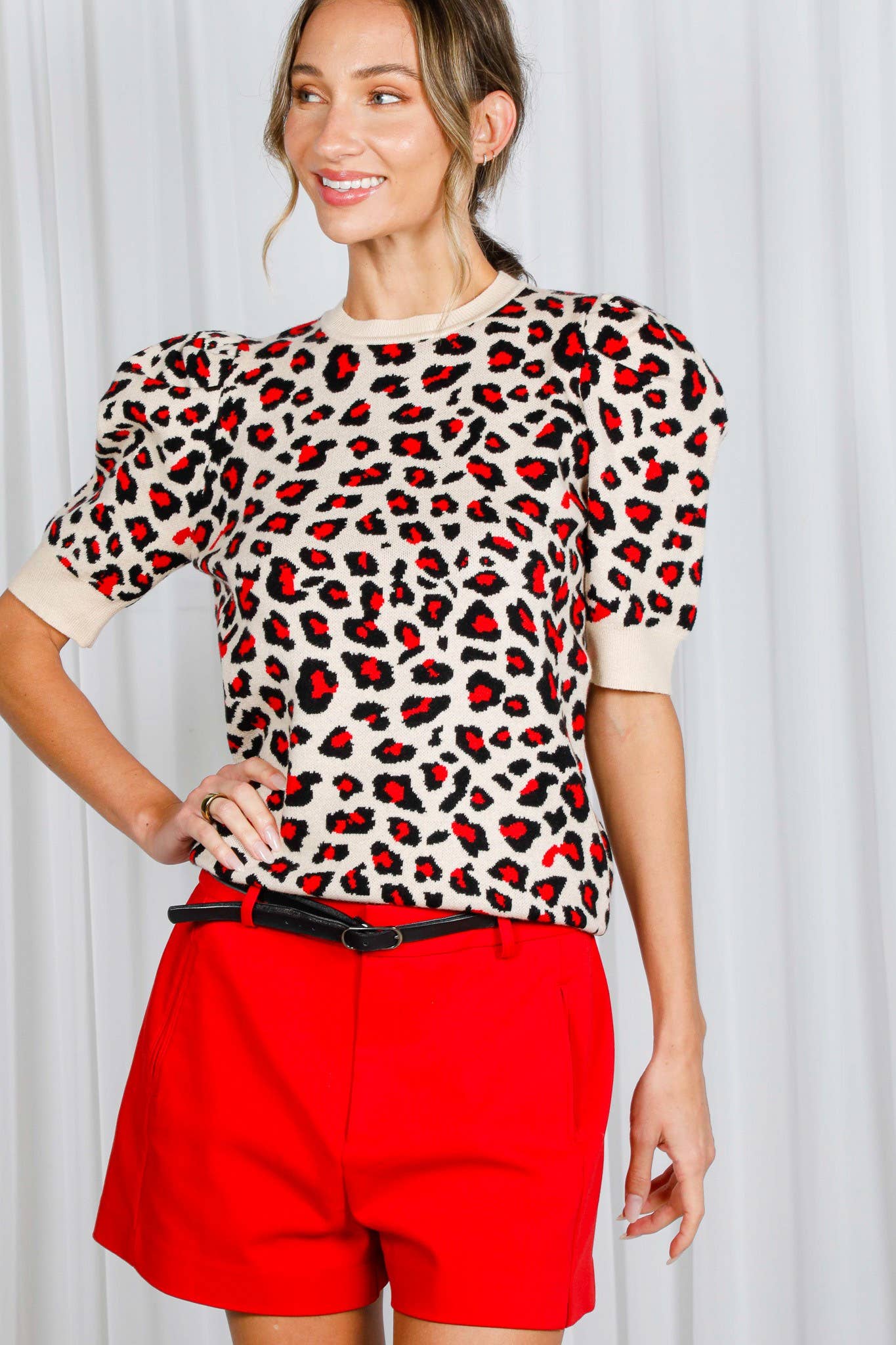 Leopard Crew Neck Jacquard Knitted Sweater Top VT81344E: Brown / L