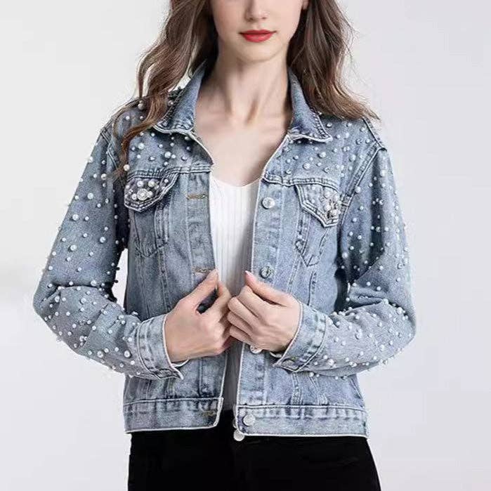 Women Casual Denim Jacket With Pearl Rhinestone Accents: