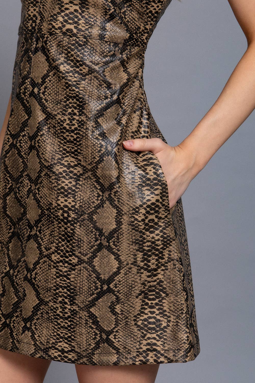 Sleeveless Square Neck Snake Faux Leather Dress