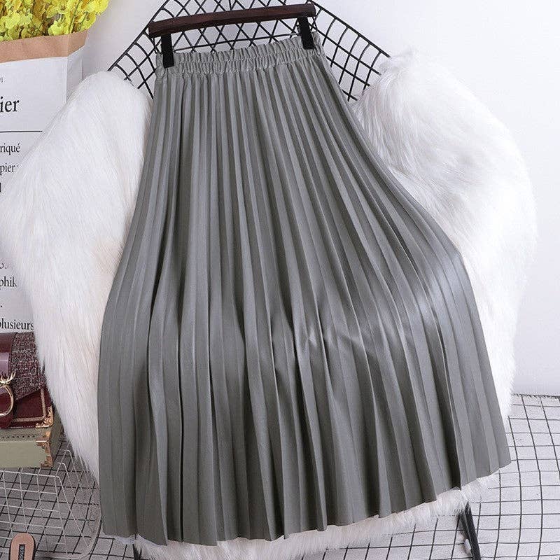 High Waisted Elastic A-Line Pleated PU Leather Mini Skirt: COFFEE / One_size