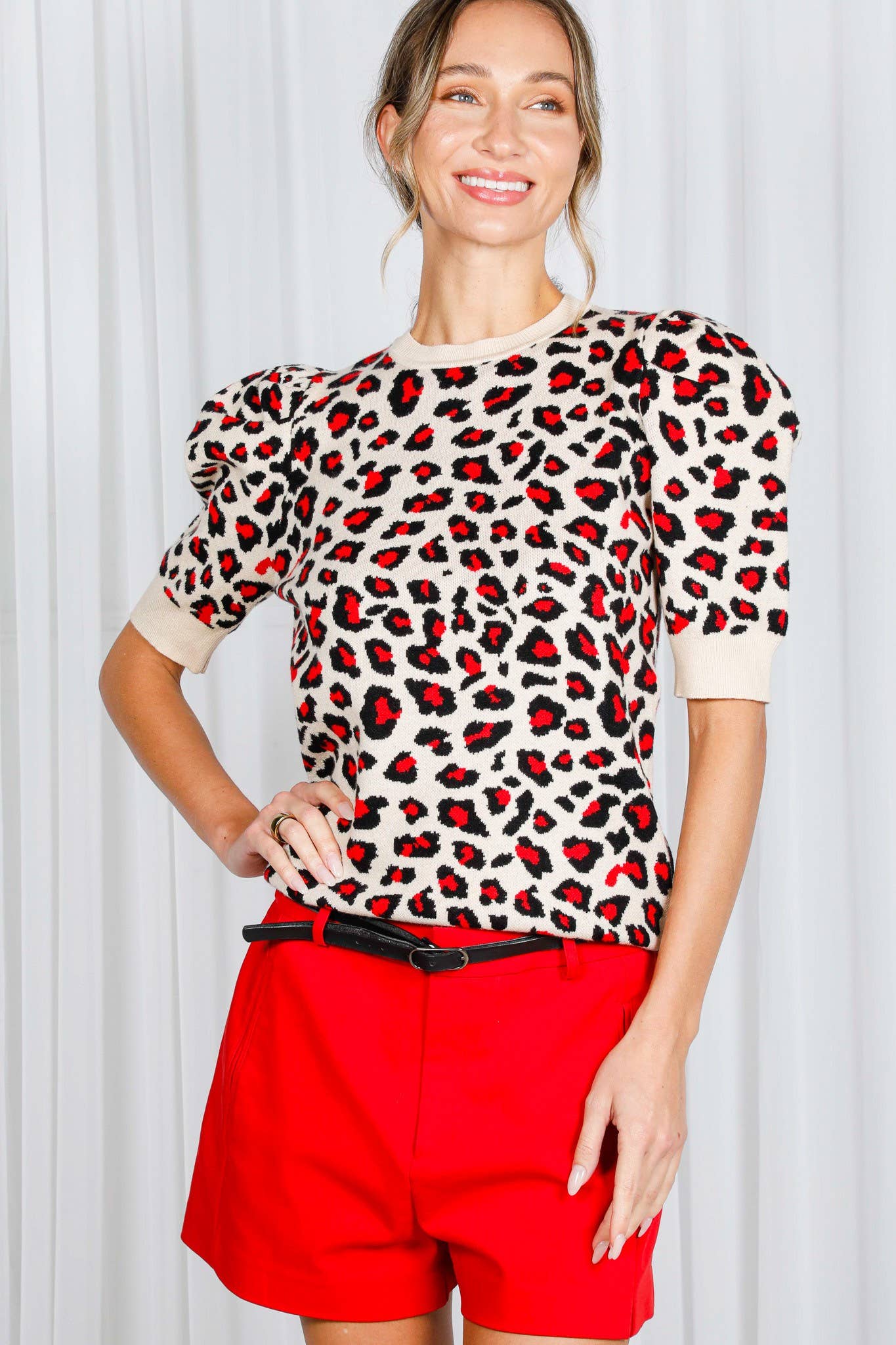 Leopard Crew Neck Jacquard Knitted Sweater Top VT81344E: Brown / M