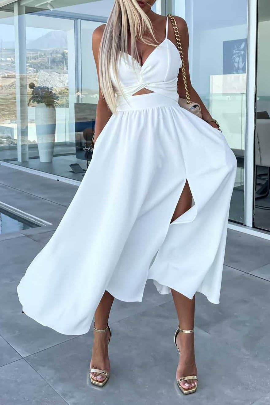 Plunge twist front cutout slit strappy swing cocktail dress: Beige / S