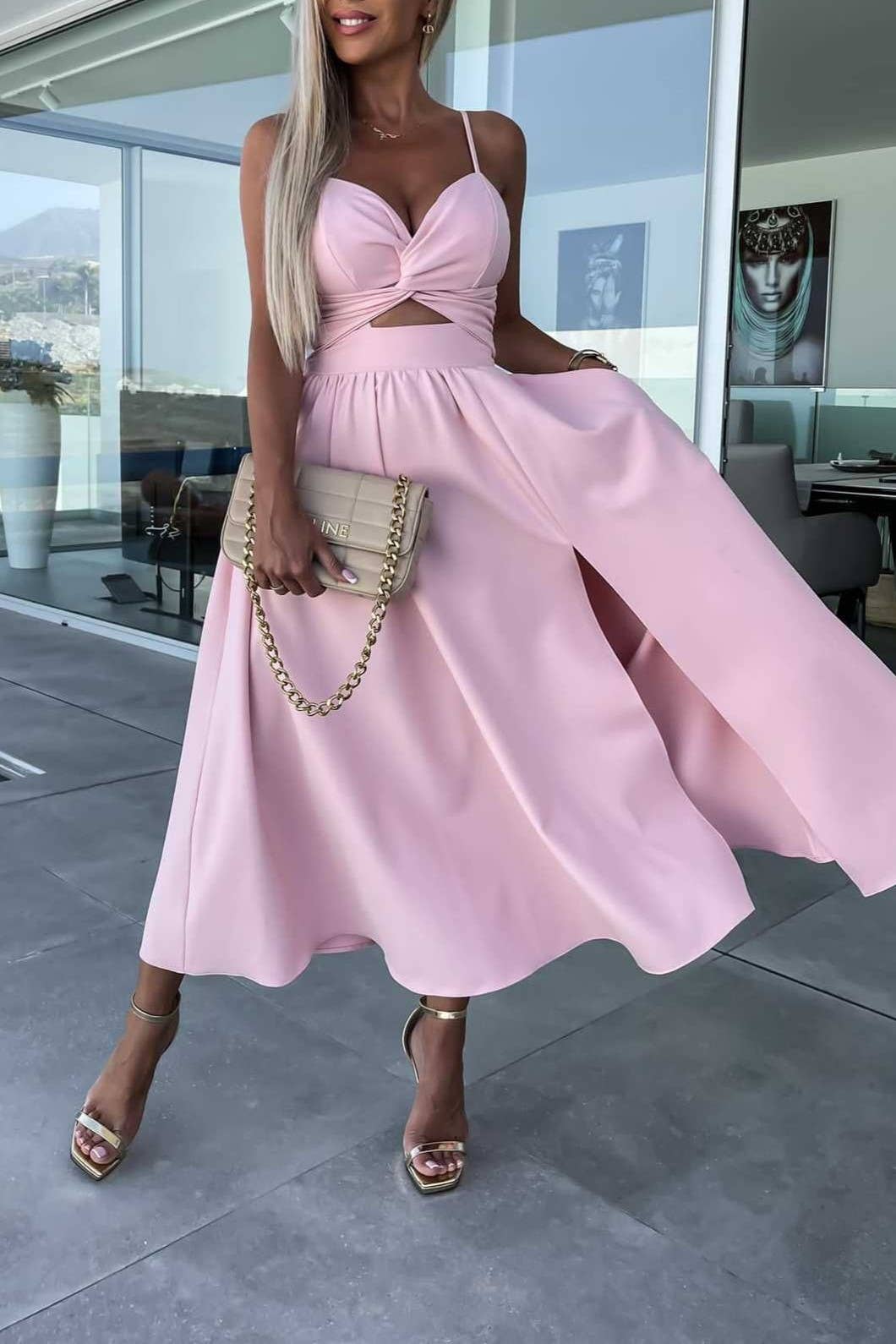 Plunge twist front cutout slit strappy swing cocktail dress: Beige / M