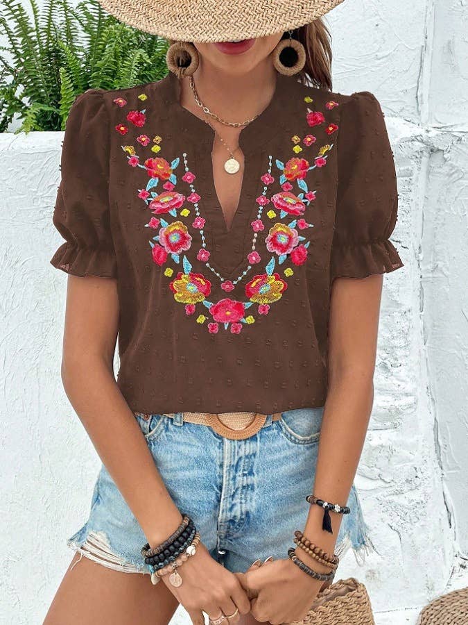 Boho Embroidered Floral Ruffle Top: NavyBlue