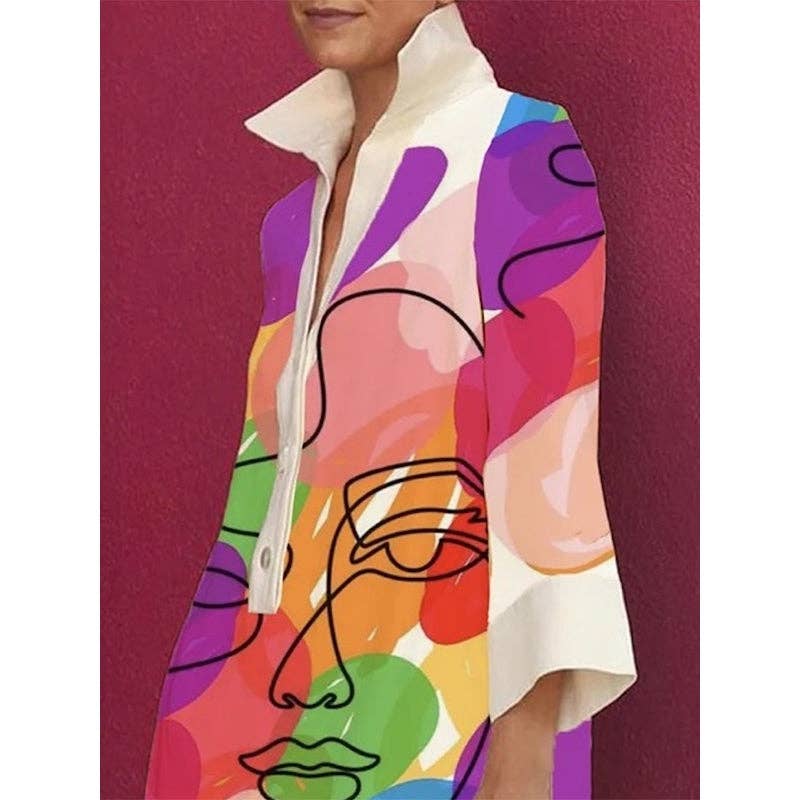 Loose Three-Quarter Sleeves Buttoned Contrast Color Figure Printed Lapel Collar Mini Dresses: COLORFUL