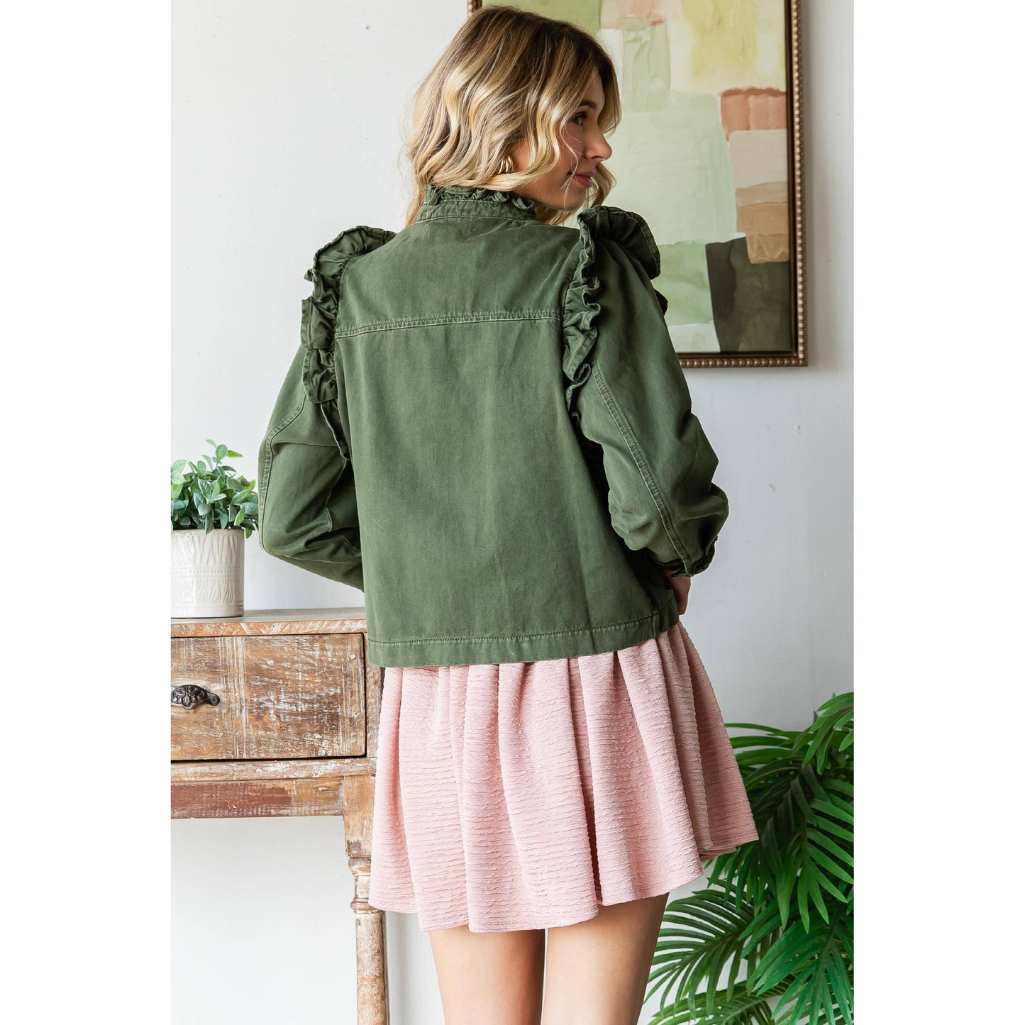 Ruffle Detail Jacket: Olive