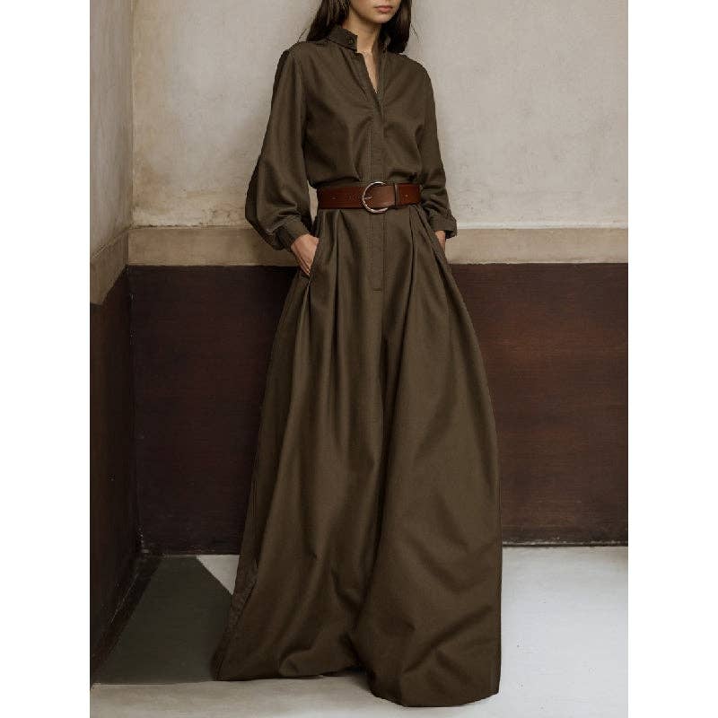 Beltless V-Neck Jumpsuit: GREEN BROWN