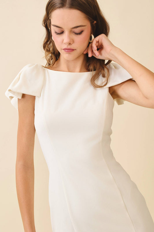 CD05924-Dramatic Layered Puff Sleeves Boat Neckline Dress: IVORY