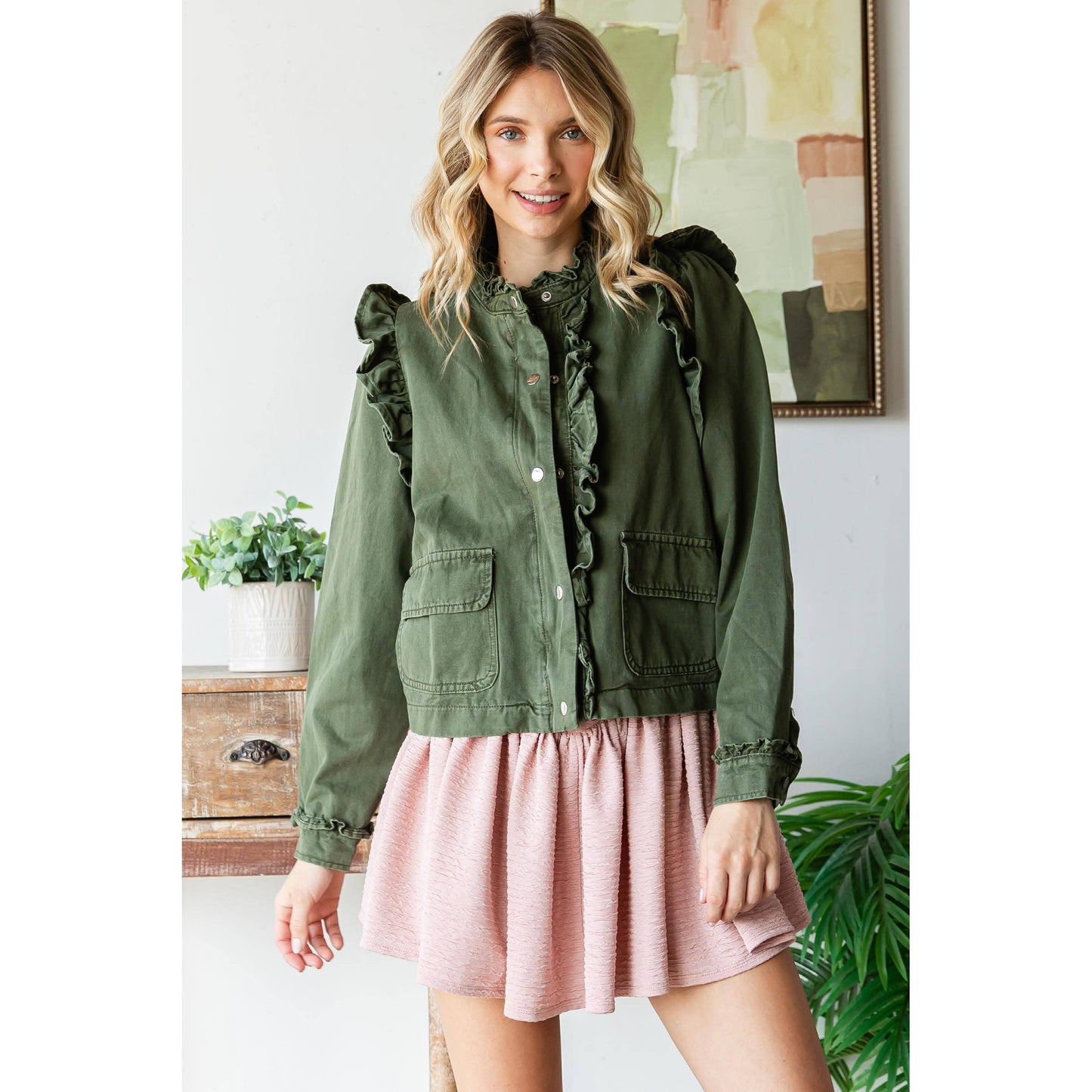 Ruffle Detail Jacket: Olive