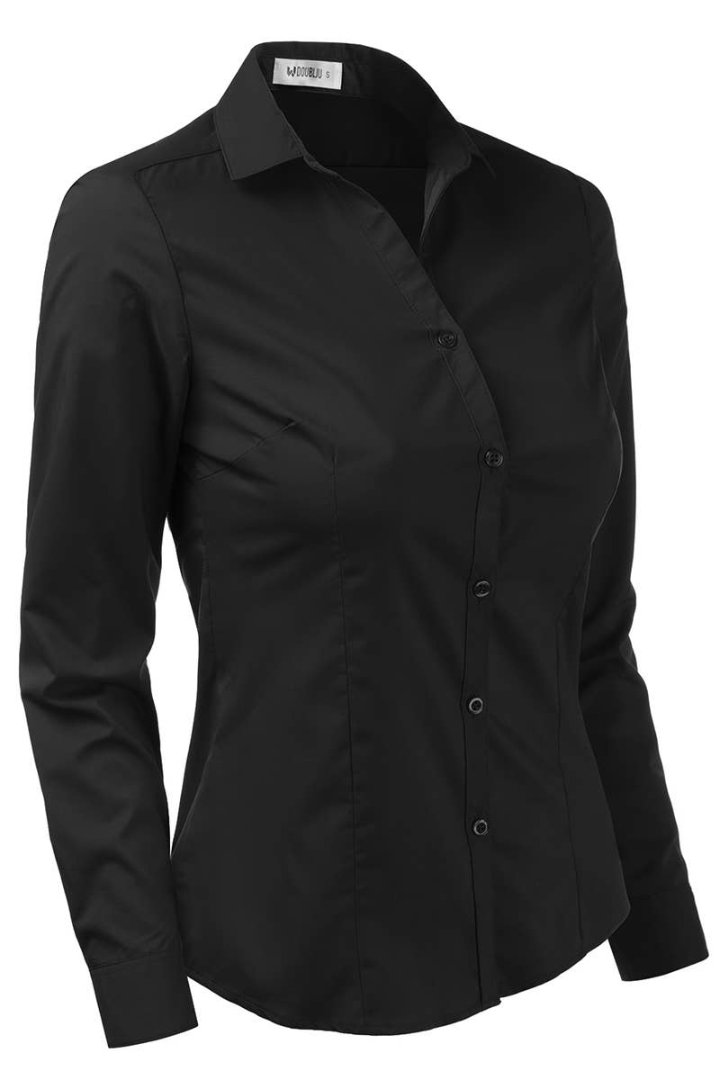 Basic Slim Fit Simple LongSleeve Button Down Shirt: Black