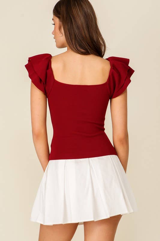 Double Ruffled tiered sleeve ribbed knit top: