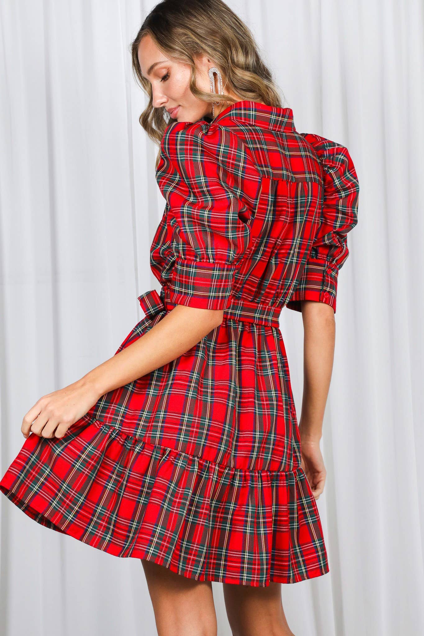 Plaid Short Puff Sleeve Mini Dress VD82293A: Red / S