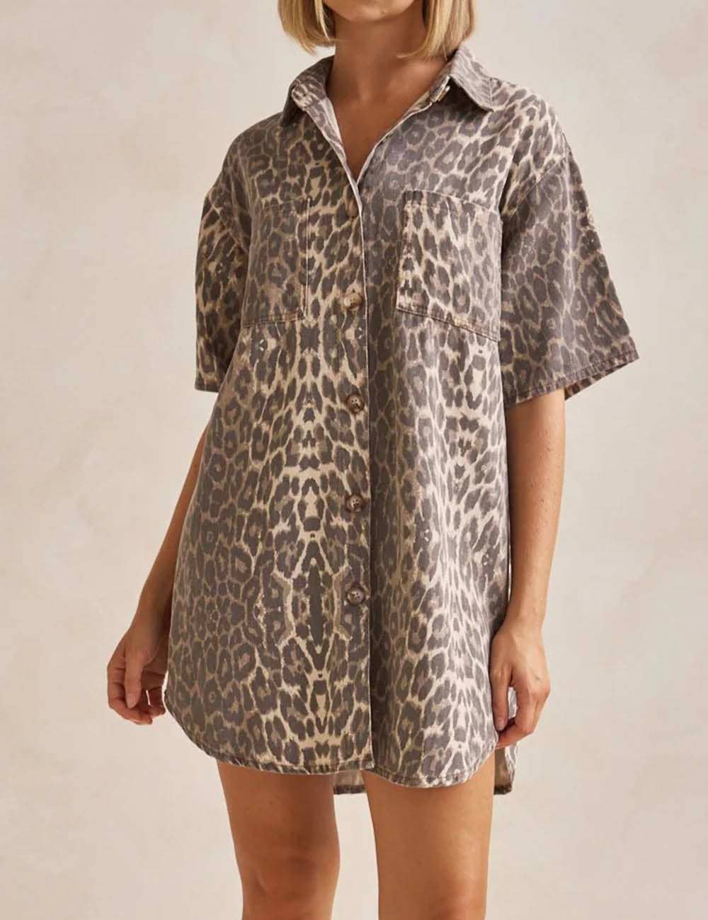 Ladies Leopard Turndown Collar Top & Skirt Denim Set: Leopard