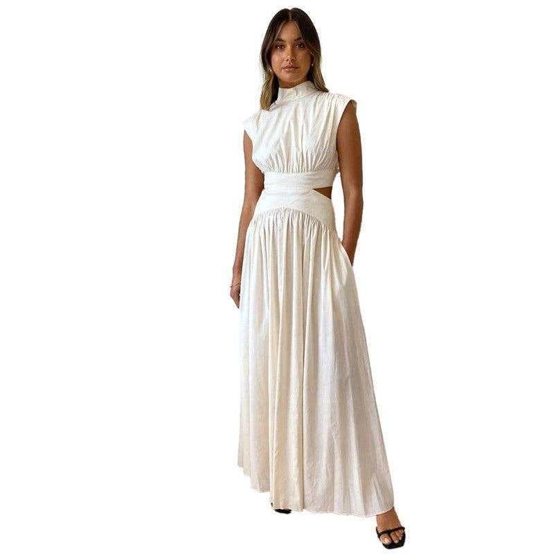 Solid Color Off-The-Shoulder Pleated Maxi Dress: WHITE