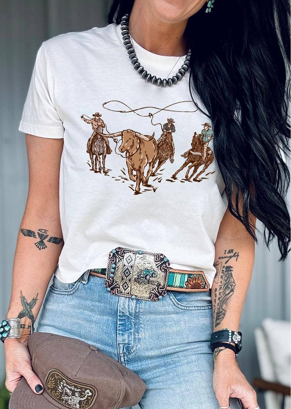 White Retro Cowboy Roping Cotton Blend Graphic Tee: White