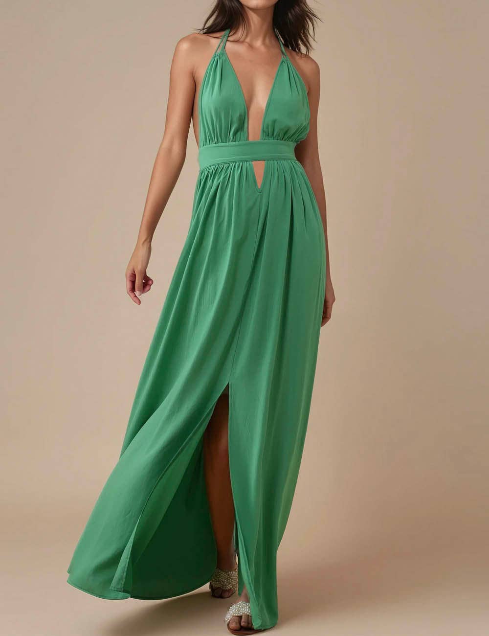 Ladies Deep V-Neck Sleeveless Halter Backless Maxi Dress
