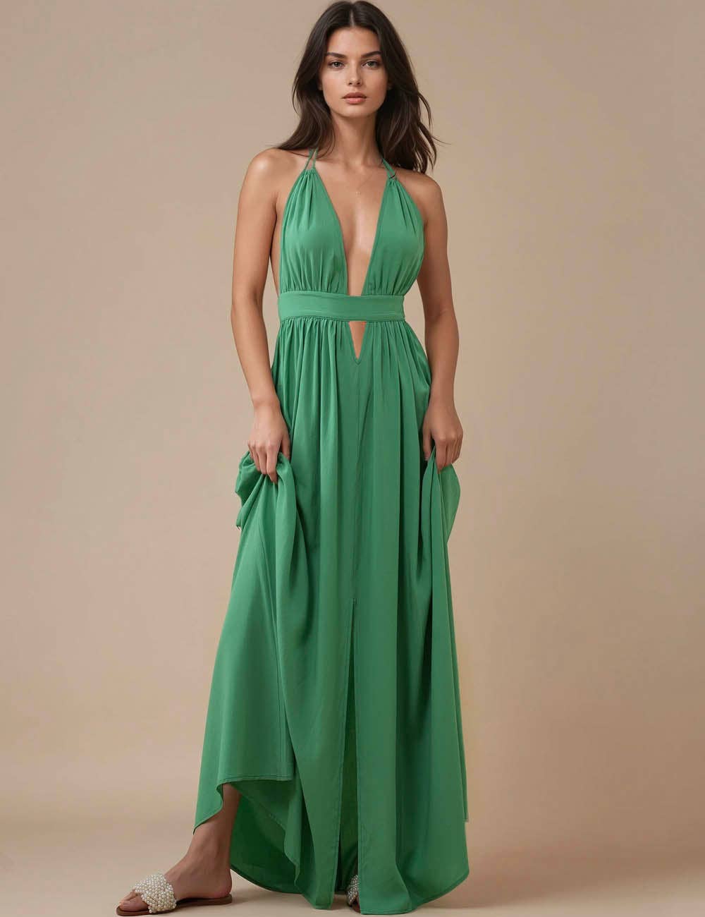 Ladies Deep V-Neck Sleeveless Halter Backless Maxi Dress