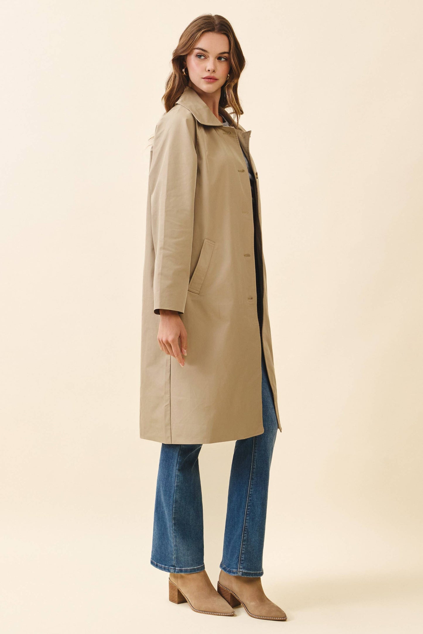 Longline Spread Collar Front Button Trench Coat: Beige