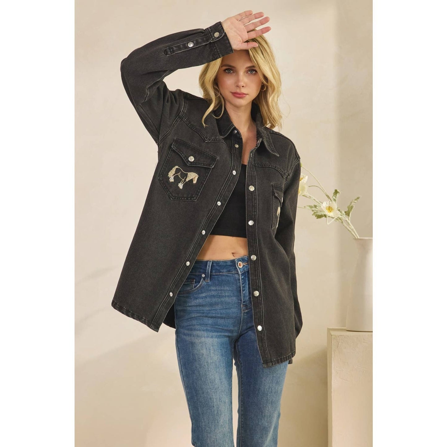 Denim Jacket with Horse Embroidery: Medium Wash