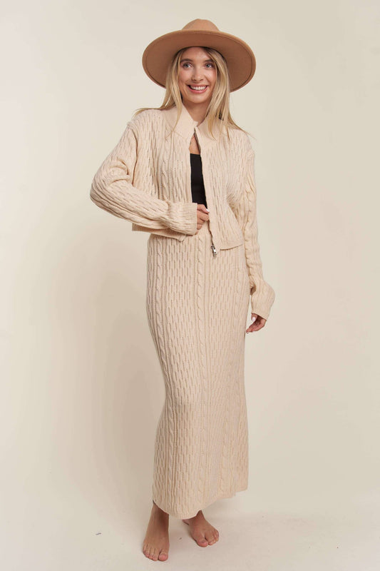 LESW3452-SWEATER ZIP UP TOP AND MAXI SKIRT SET