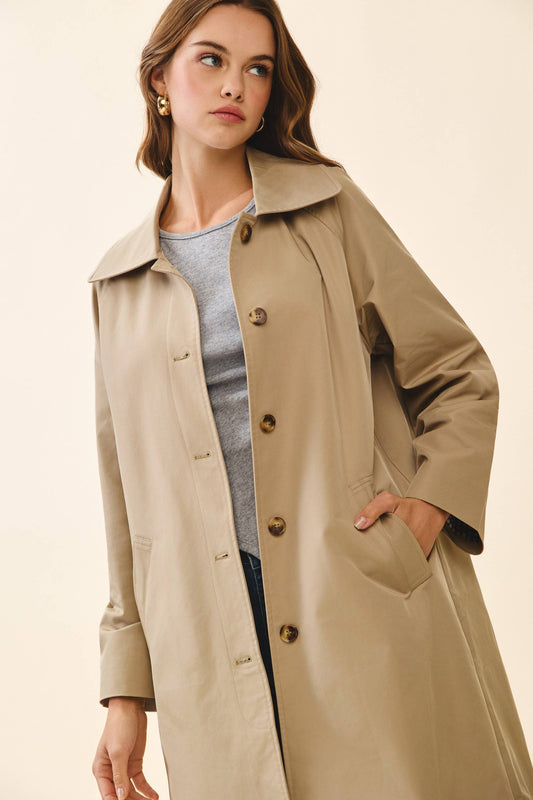 Longline Spread Collar Front Button Trench Coat: Beige