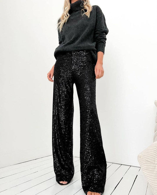Sweetkama Ladies Solid Glitter Sequin Long Loose Pants: