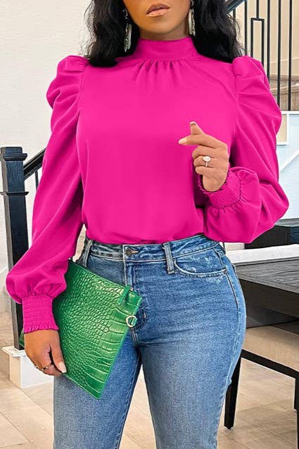 Solid stand collar puff sleeve tie neck blouse: Hot Pink