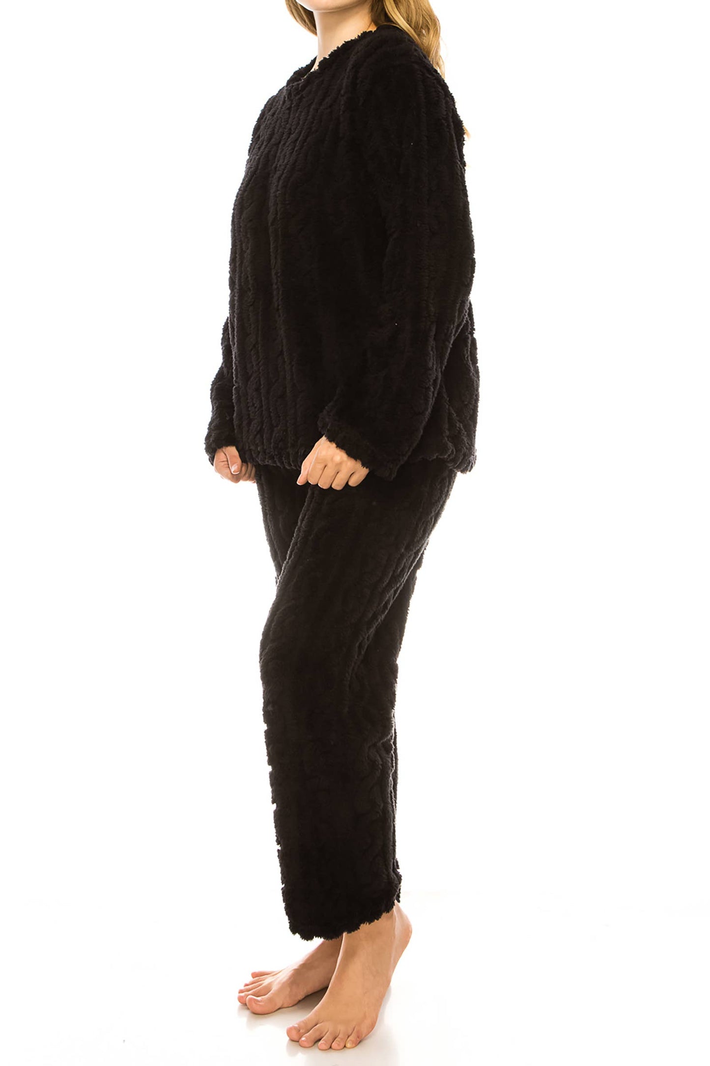 Cable Fuzzy Sherpa Fleece Pajama Sets: BLACK