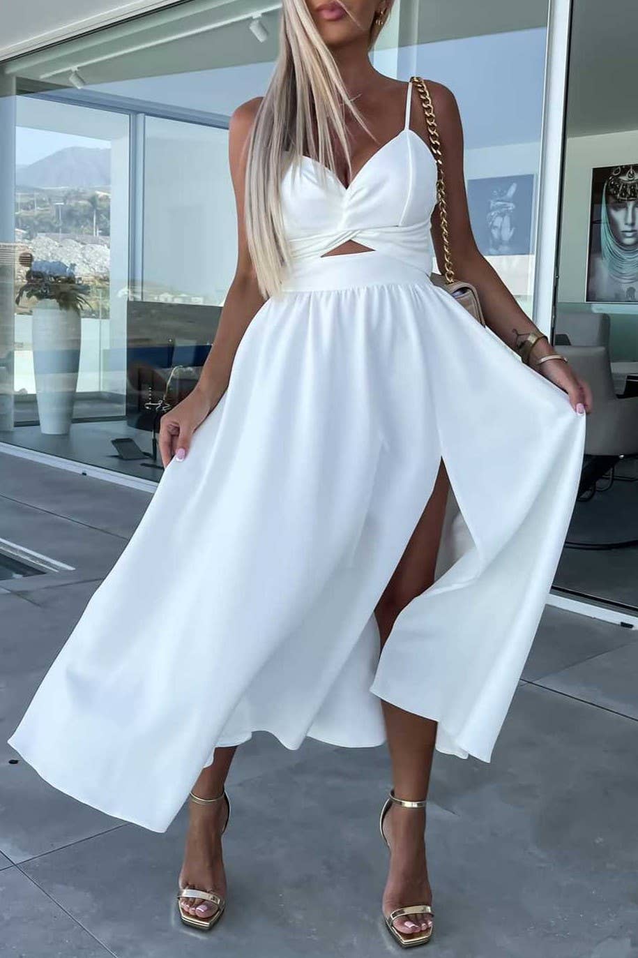 Plunge twist front cutout slit strappy swing cocktail dress: Beige / XL