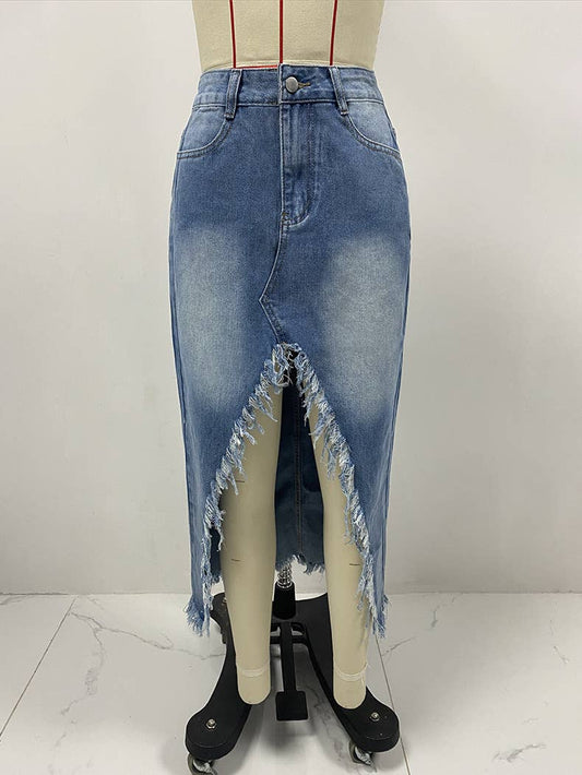 High Waist Irregular Raw Distressed Washed Skirt: Blue