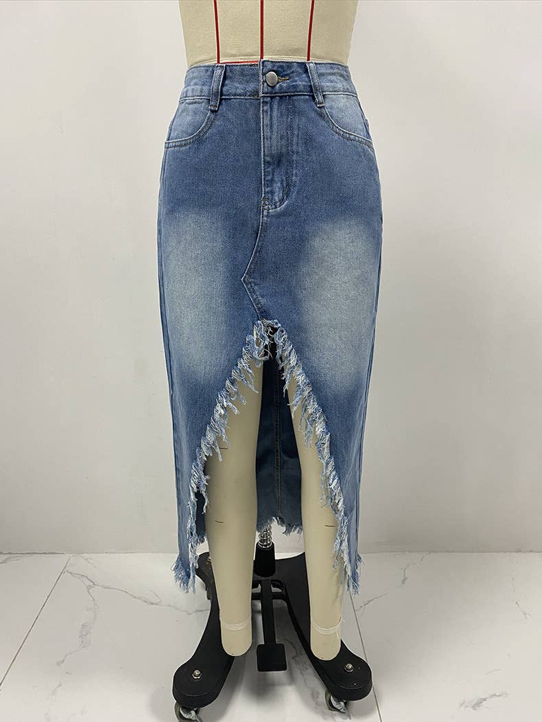 High Waist Irregular Raw Distressed Washed Skirt: Blue / S