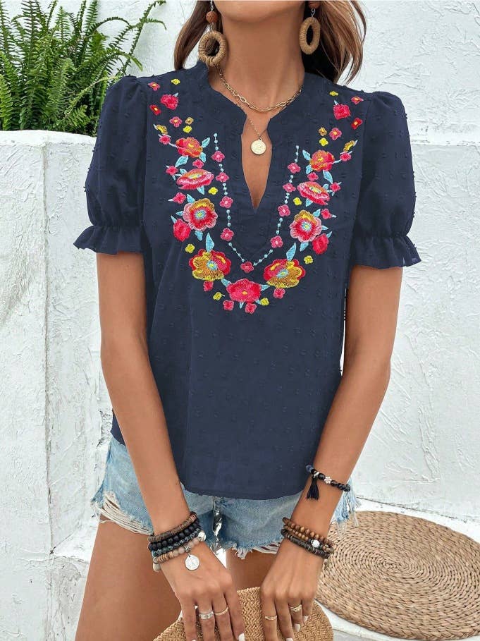 Boho Embroidered Floral Ruffle Top: NavyBlue
