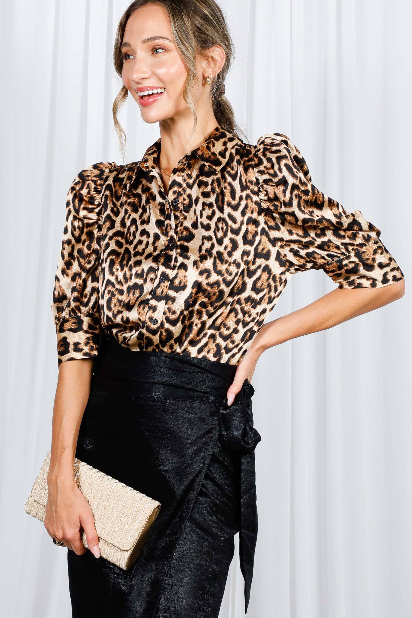Leopard-Print Collared Puff Sleeve Satin Blouse: Brown