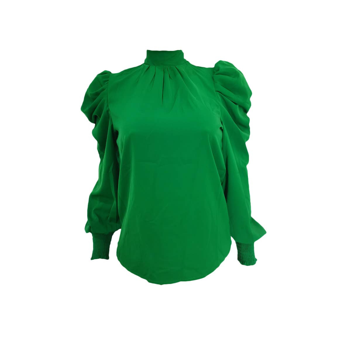 Solid stand collar puff sleeve tie neck blouse: Hot Pink