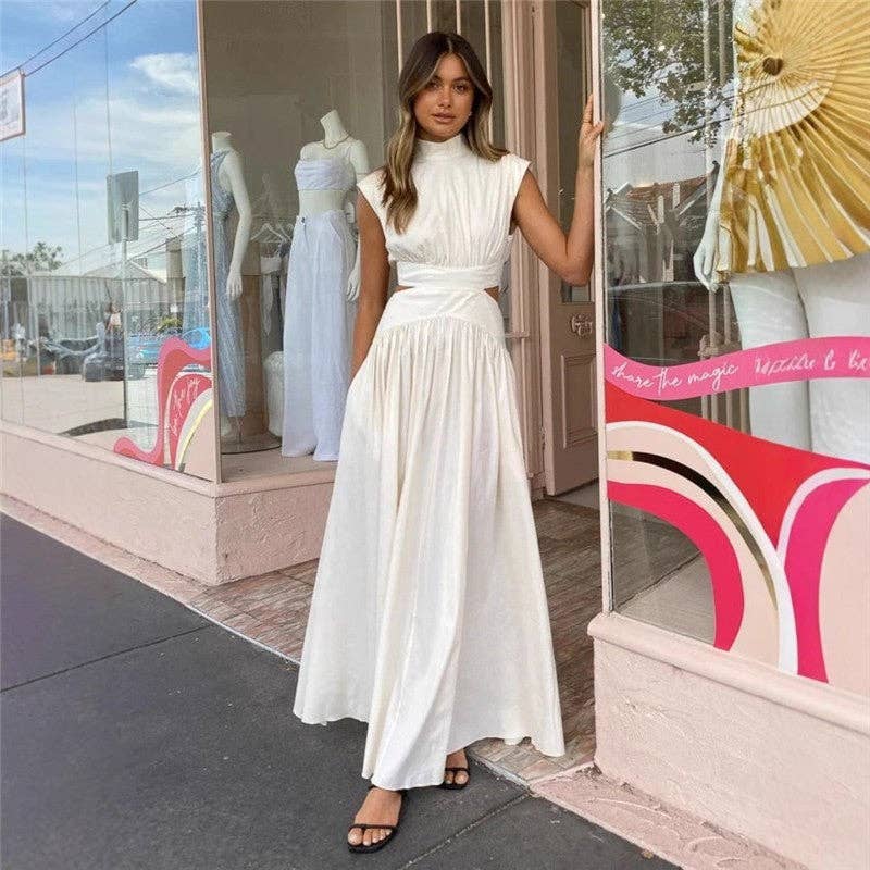 Solid Color Off-The-Shoulder Pleated Maxi Dress: WHITE