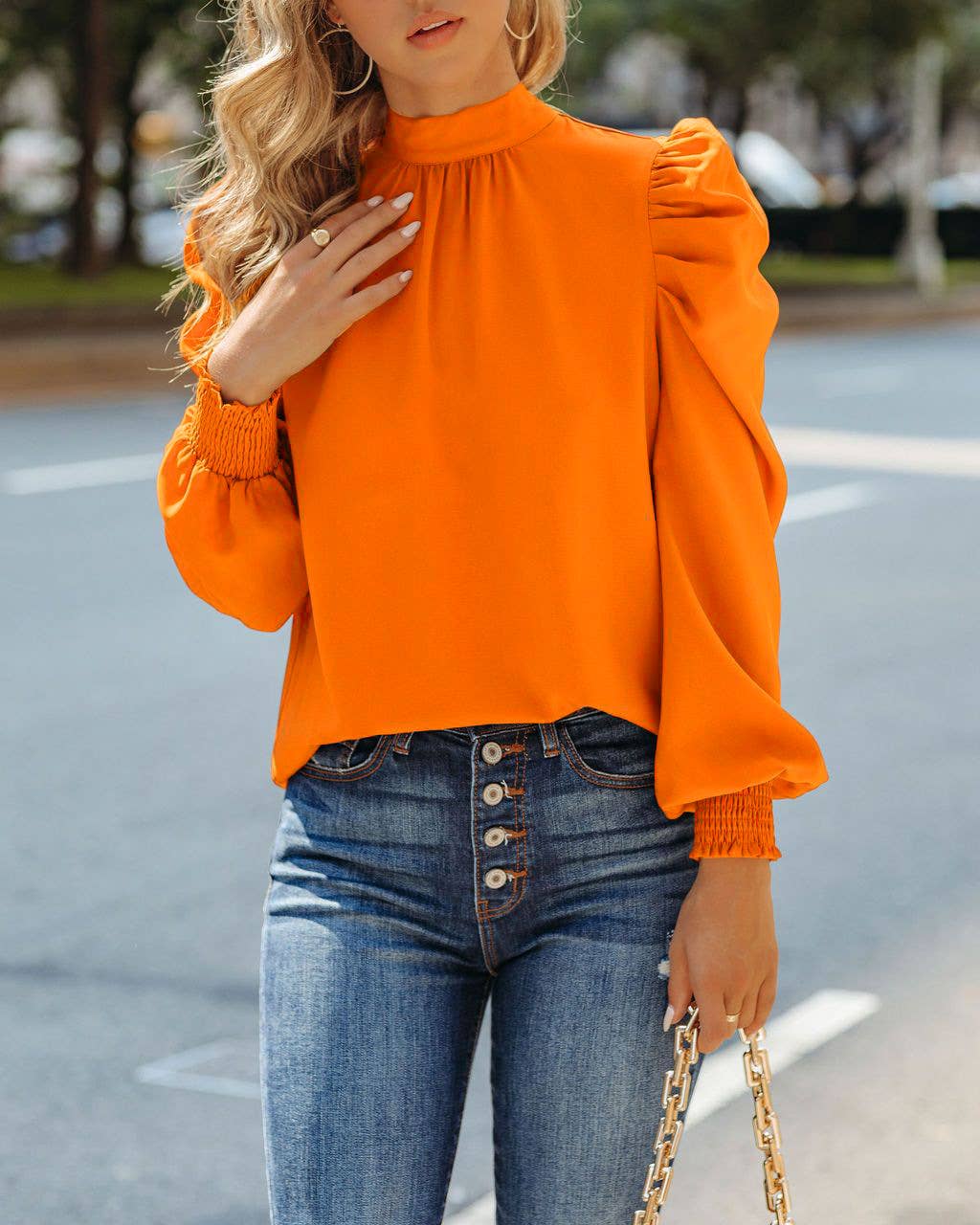 Solid stand collar puff sleeve tie neck blouse: Hot Pink