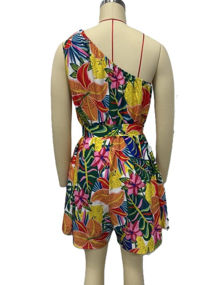 Vivid Tropical Print One Shoulder Belted Romper: Red / XL