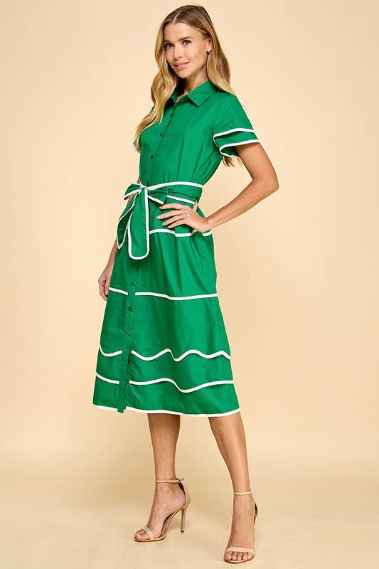 CD05231-Contrast Binding Detail Midi Shirt Dress: Green / L
