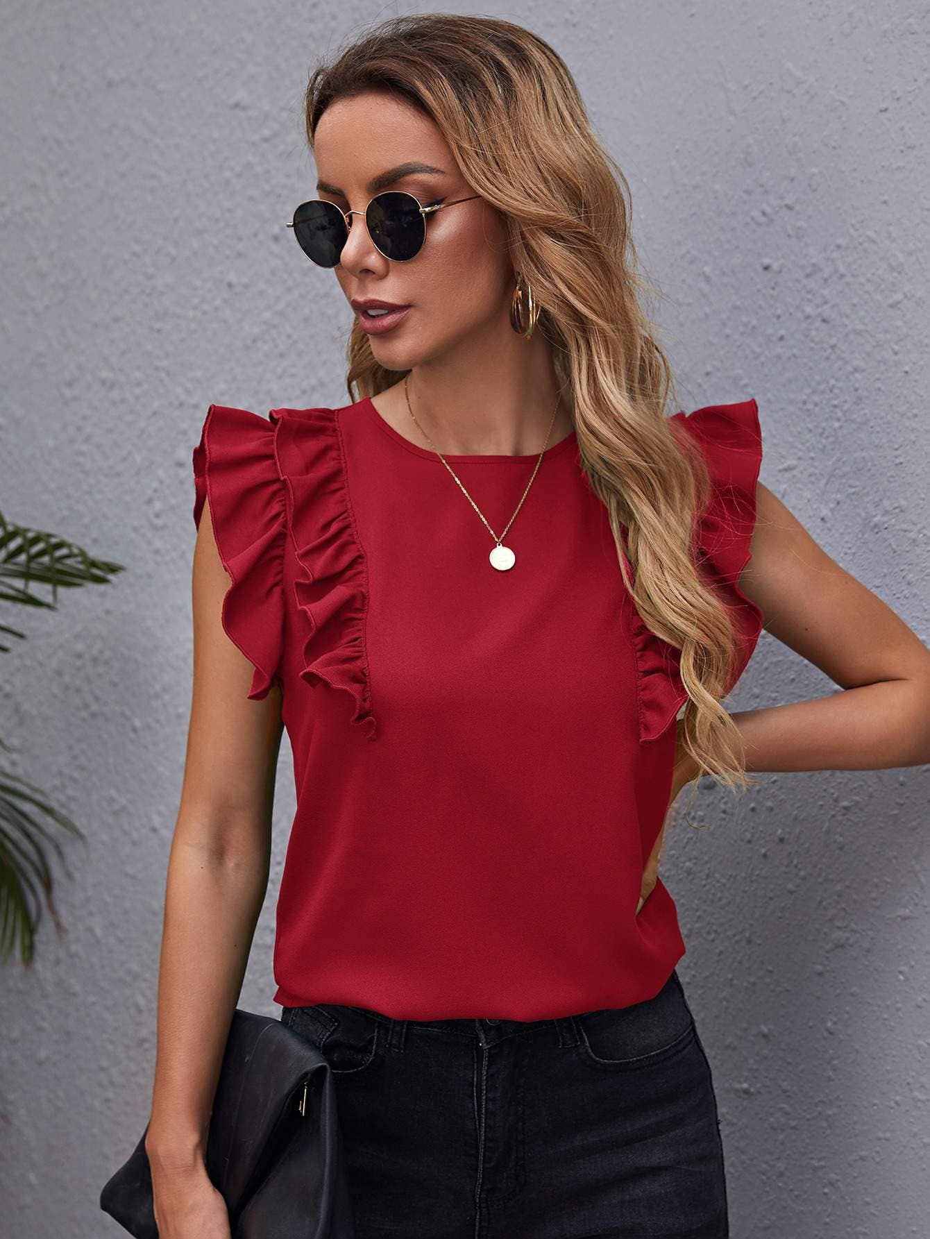 Ruffle armhole solid top: DUSTY