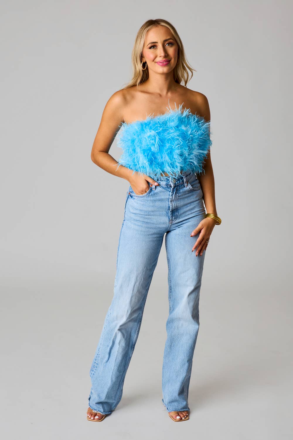 Fancy Azure Blue Strapless Feather Top:
