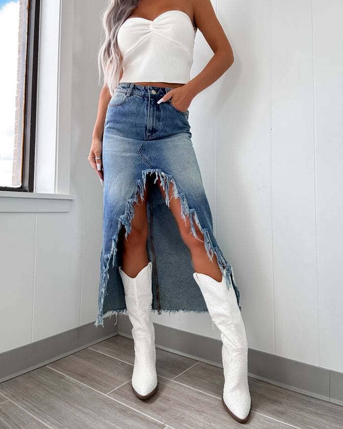 High Waist Irregular Raw Distressed Washed Skirt: Blue