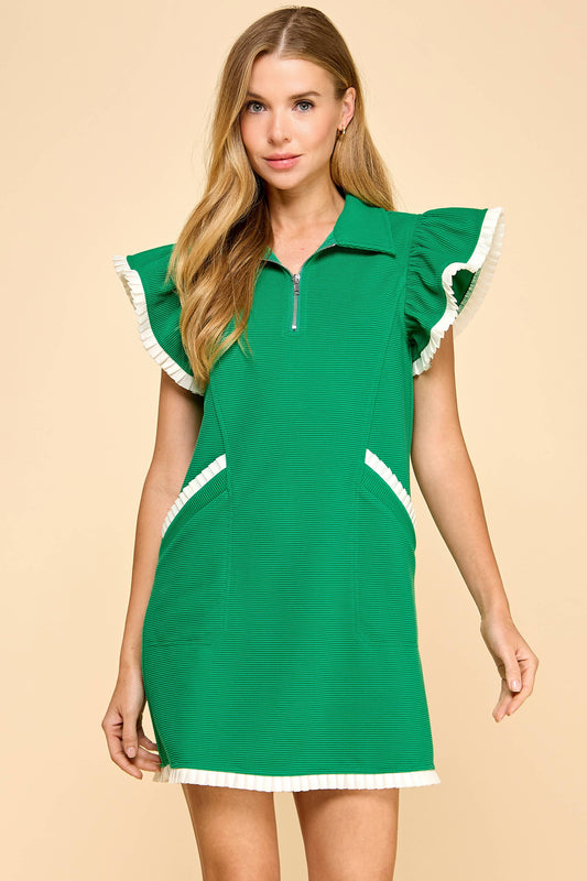 CD05471-Ribbed Half Zip Collar Textured Knit Dress: Green / L