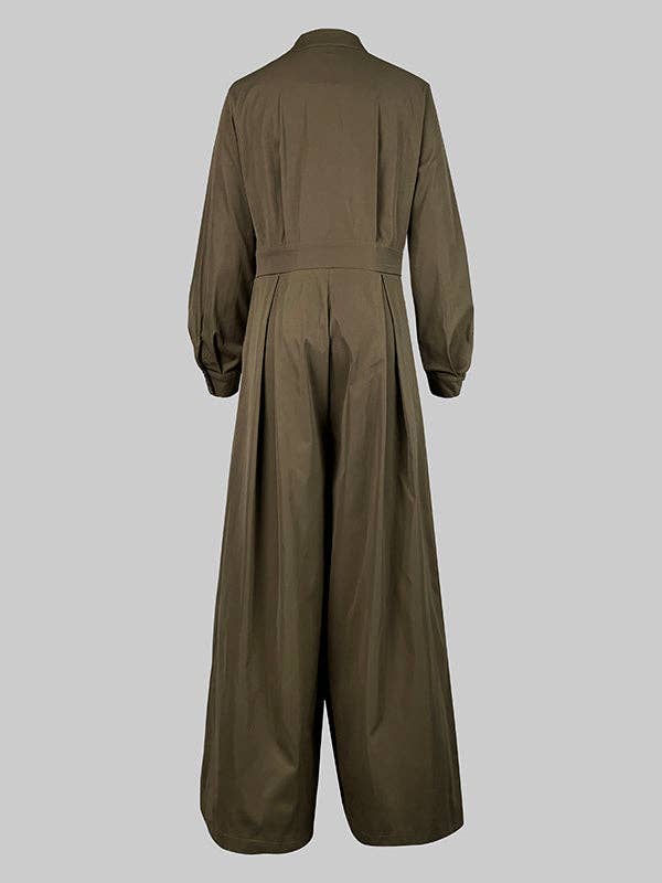 Beltless V-Neck Jumpsuit: GREEN BROWN