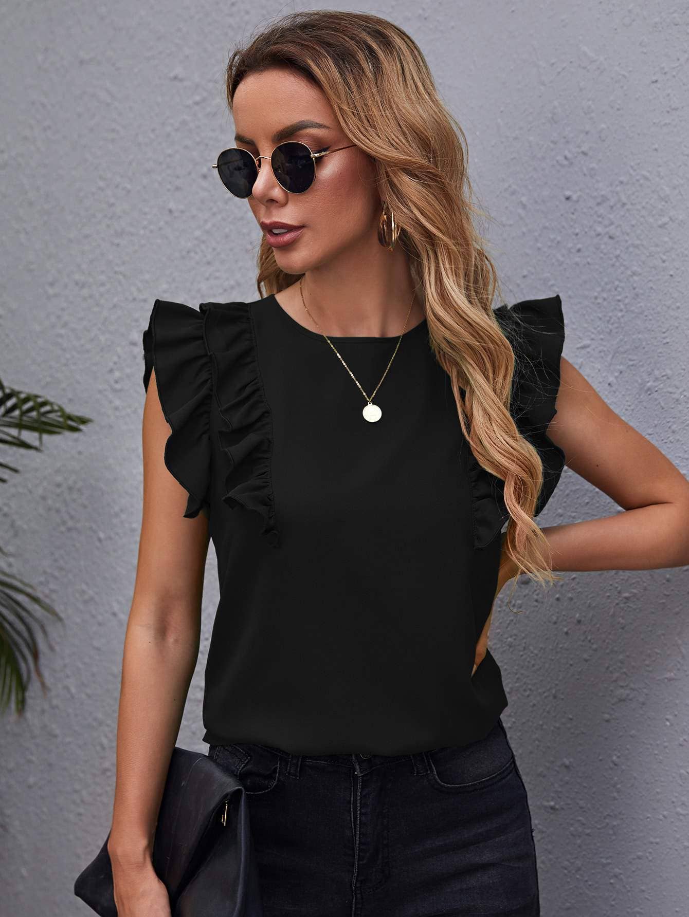 Ruffle armhole solid top: DUSTY