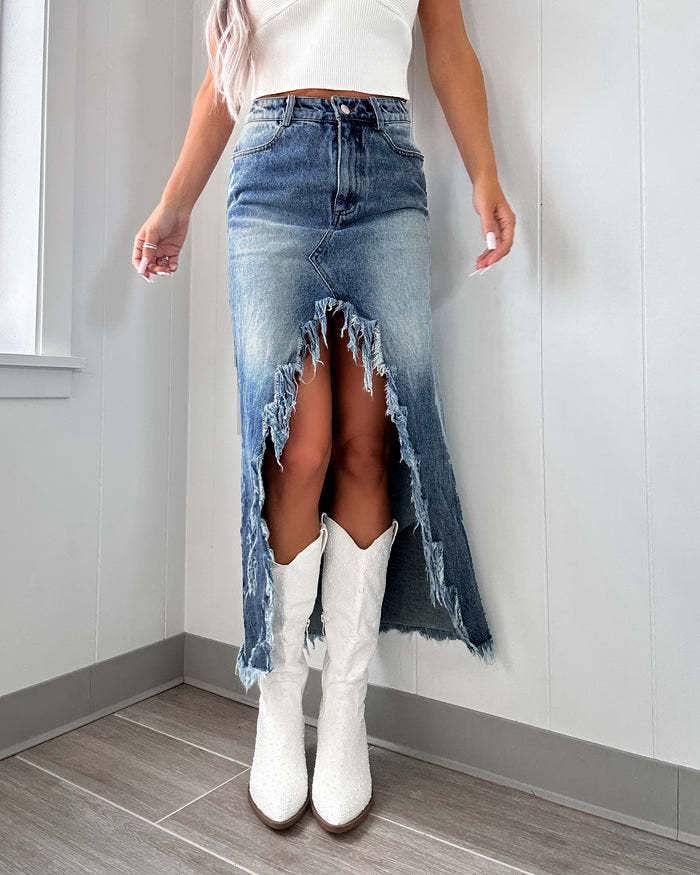 High Waist Irregular Raw Distressed Washed Skirt: Blue / S