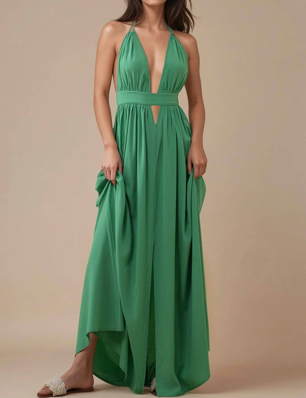 Ladies Deep V-Neck Sleeveless Halter Backless Maxi Dress
